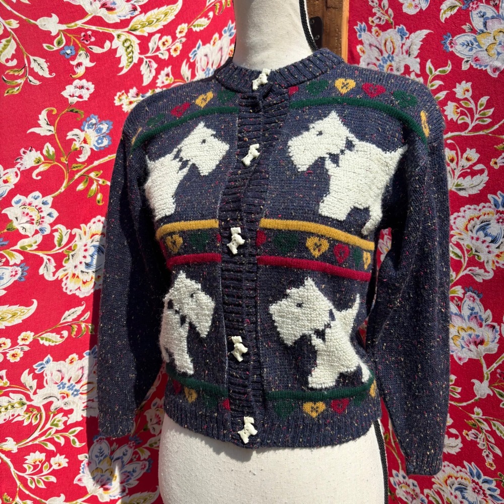 Vintage Blue Marbled Scottie Whimsical Novelty Twee Cardigan Sweater Size XS-S